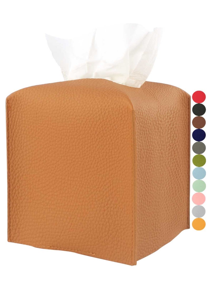 JESMINI Tissue Box Holder Tissue Cover - Square Faux Leather Tissue Box Cover with Bottom Belt [JESMINI  Camel Brown] Tissues Cube Box Cover for Bathroom/Night Stands/Office - Image 1